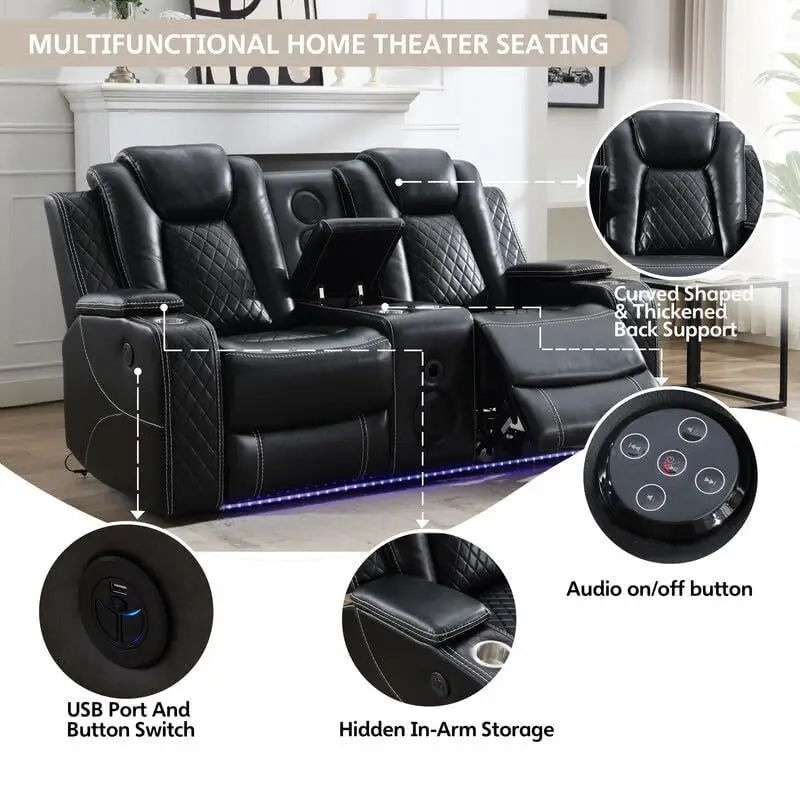 Canapé inclinable électrique avec chargeur sans fil, liseuse pour salon, lumière LED en similicuir, port AC/USB, porte-gobelet, noir