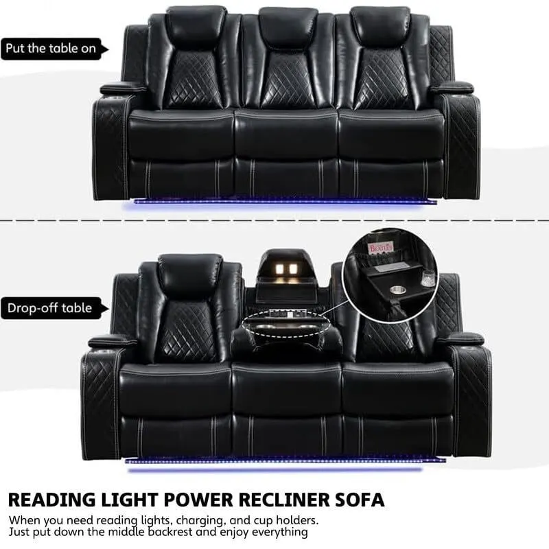 Canapé inclinable électrique avec chargeur sans fil, liseuse pour salon, lumière LED en similicuir, port AC/USB, porte-gobelet, noir