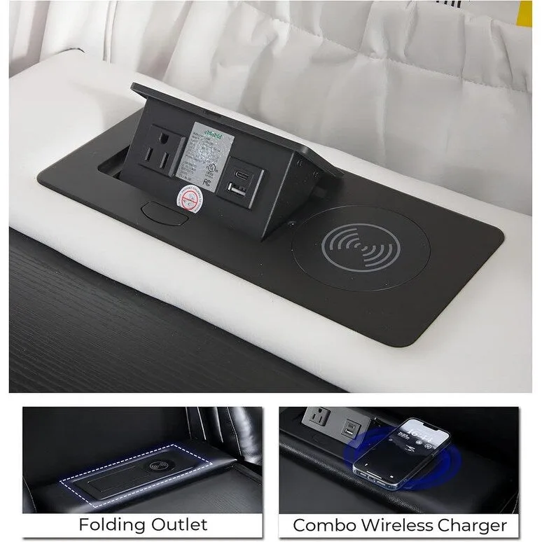 Canapé inclinable électrique avec chargeur sans fil, liseuse pour salon, lumière LED en similicuir, port AC/USB, porte-gobelet, noir