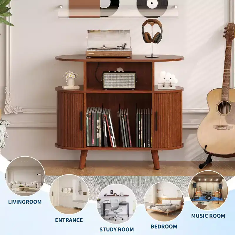 Meuble de lecture de disques vinyles de style Mid-Century Modern, Étagère de tourne-disque en bois, Meuble de rangement ouvert pour vinyles, pour salon, chambre à coucher