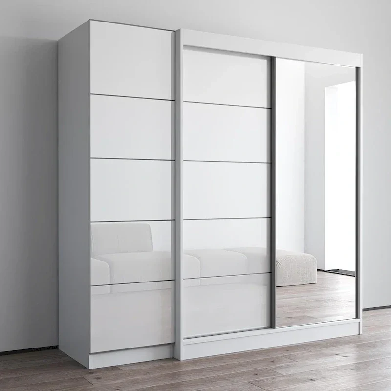 Armoire 2 portes avec miroir, façade vitrée, 2 personnes (Gris / Noir / Blanc)