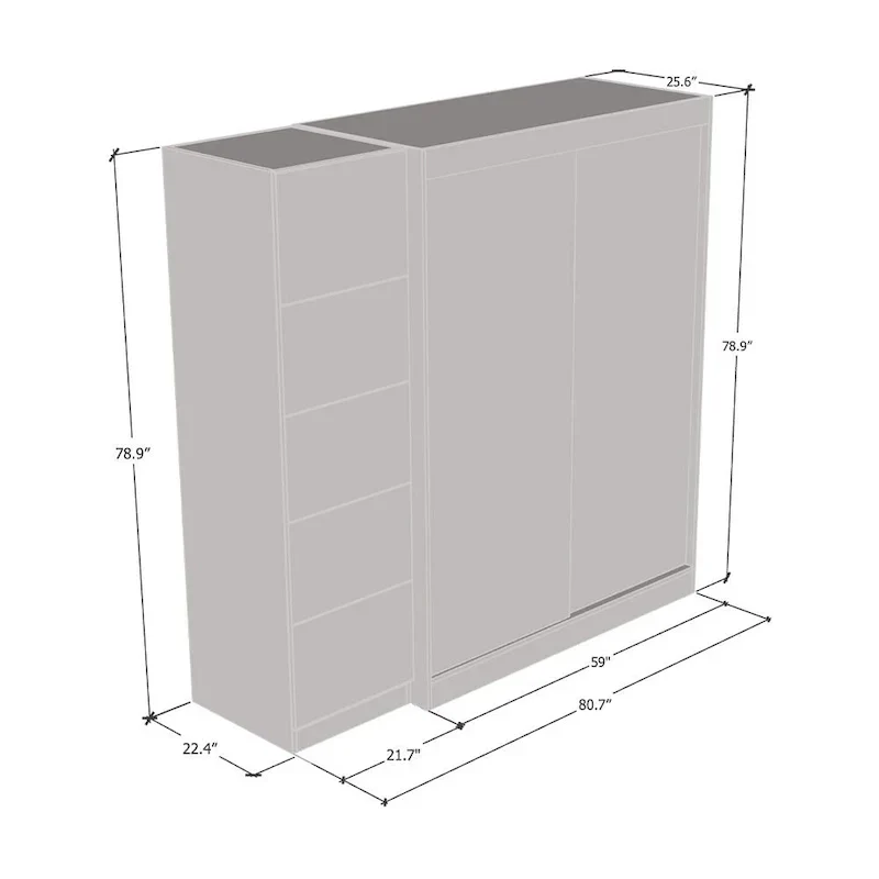 Armoire 2 portes avec miroir, façade vitrée, 2 personnes (Gris / Noir / Blanc)