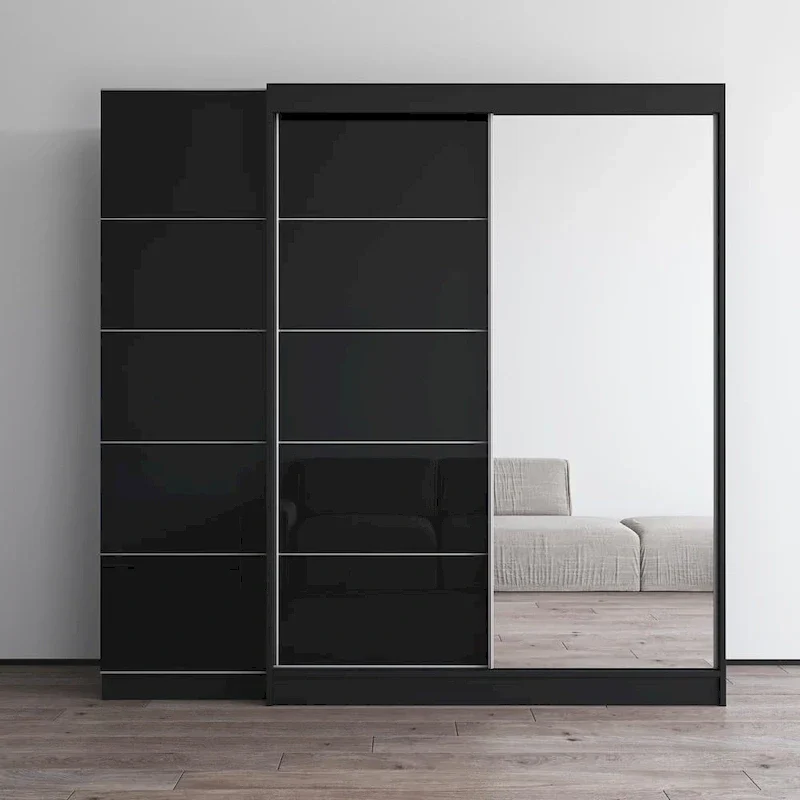 Armoire 2 portes avec miroir, façade vitrée, 2 personnes (Gris / Noir / Blanc)