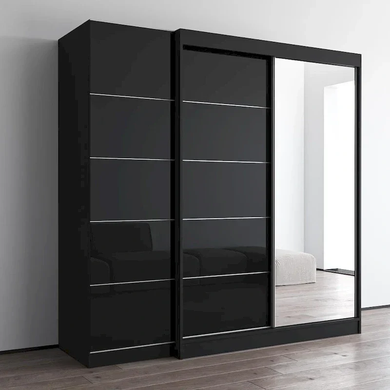 Armoire 2 portes avec miroir, façade vitrée, 2 personnes (Gris / Noir / Blanc)