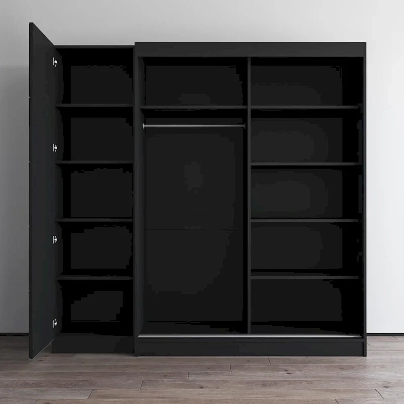 Armoire 2 portes avec miroir, façade vitrée, 2 personnes (Gris / Noir / Blanc)