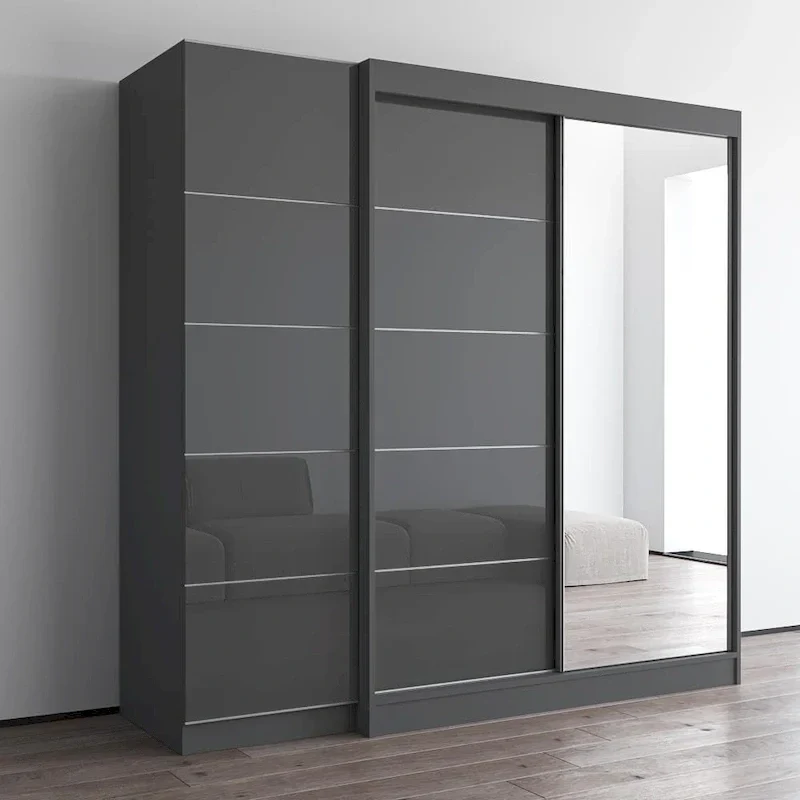 Armoire 2 portes avec miroir, façade vitrée, 2 personnes (Gris / Noir / Blanc)