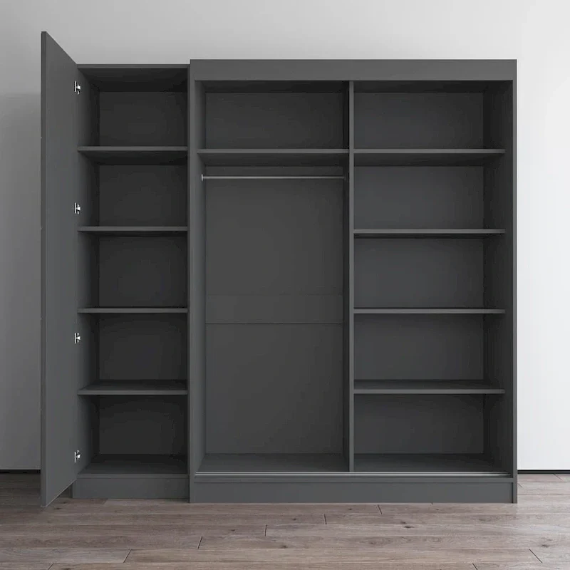 Armoire 2 portes avec miroir, façade vitrée, 2 personnes (Gris / Noir / Blanc)