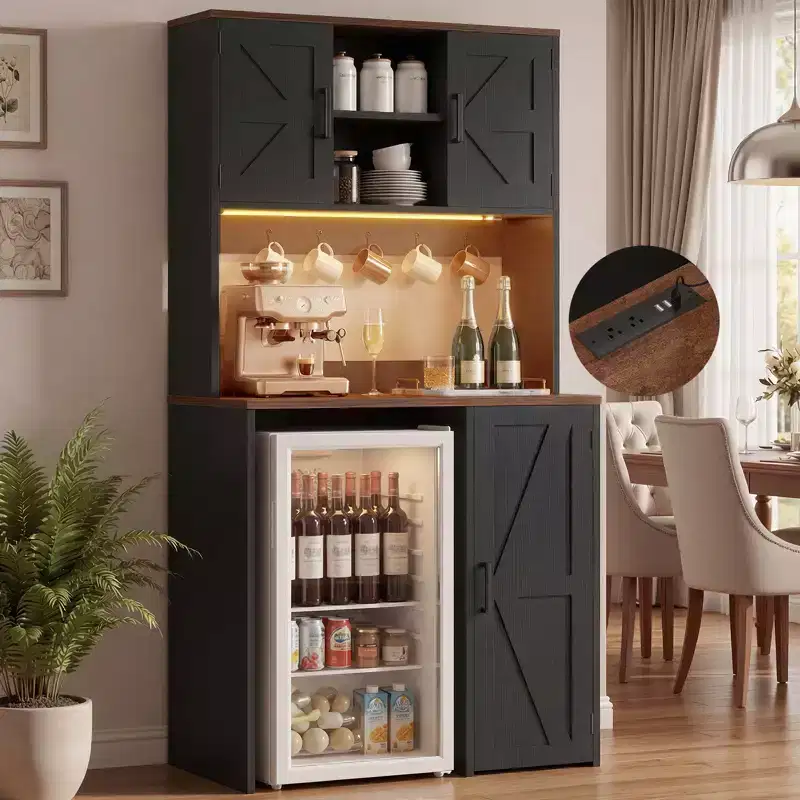 Meuble de cuisine Besiost avec espace mini-réfrigérateur, meuble de bar à café avec étagère de rangement
