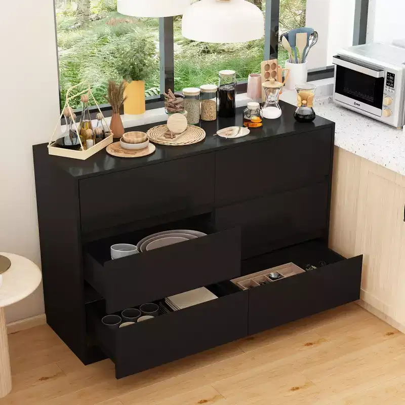 Desserte de buffet intelligente rotative/extensible avec 6 tiroirs, plan de travail étendu, tapis antidérapant, table à manger rotative, îlot de cuisine/garde-manger