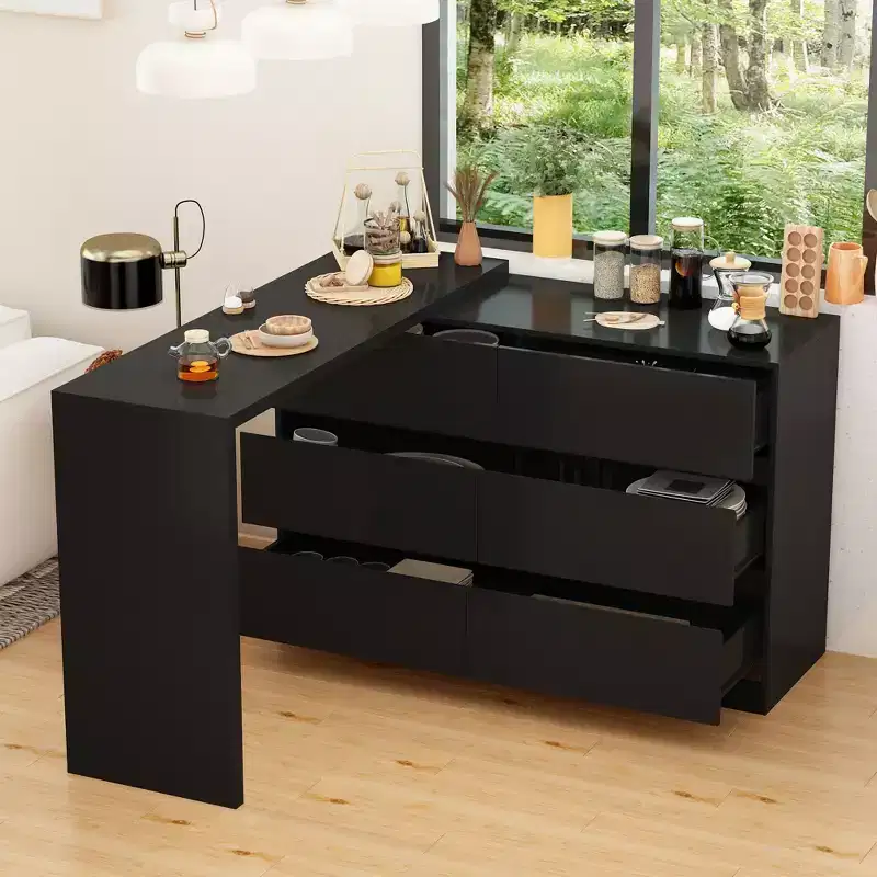 Desserte de buffet intelligente rotative/extensible avec 6 tiroirs, plan de travail étendu, tapis antidérapant, table à manger rotative, îlot de cuisine/garde-manger