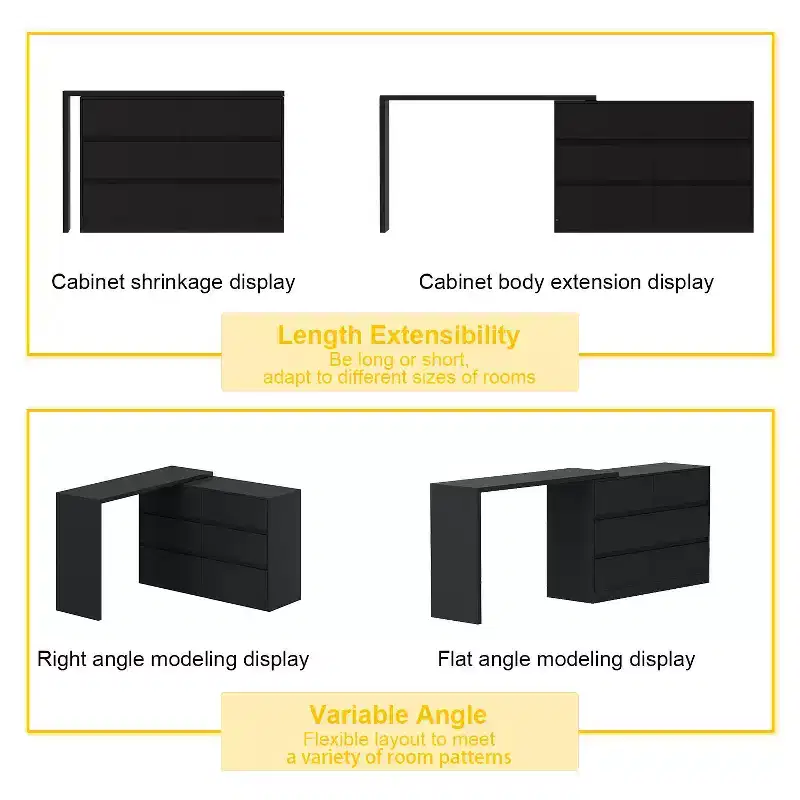 Desserte de buffet intelligente rotative/extensible avec 6 tiroirs, plan de travail étendu, tapis antidérapant, table à manger rotative, îlot de cuisine/garde-manger