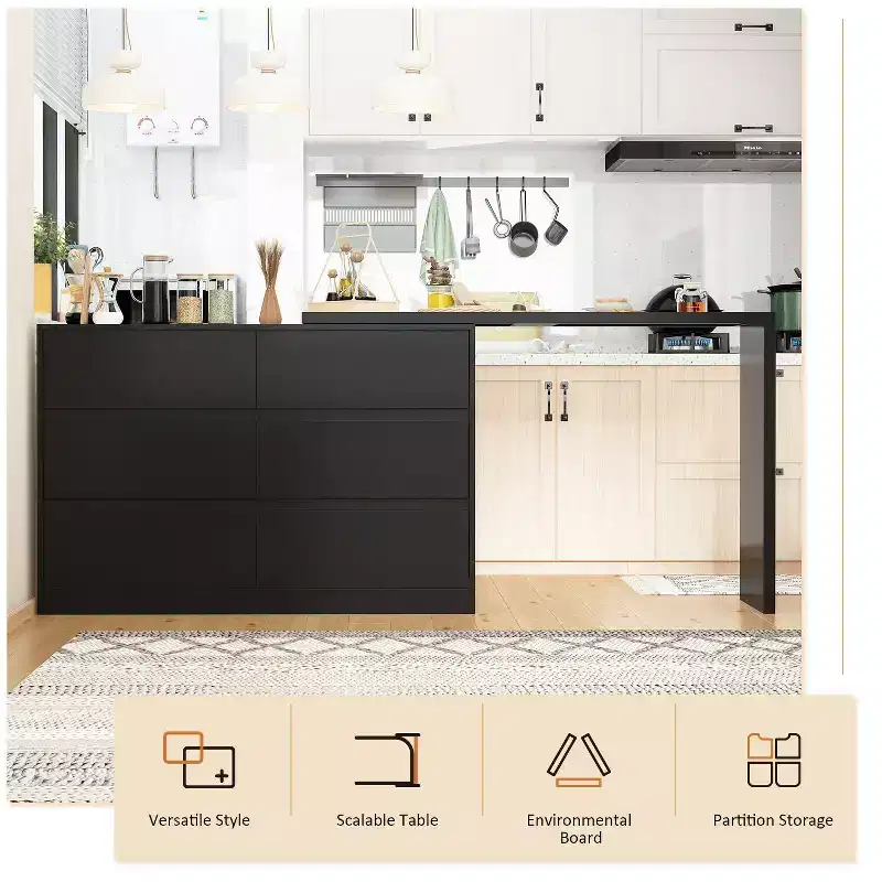 Desserte de buffet intelligente rotative/extensible avec 6 tiroirs, plan de travail étendu, tapis antidérapant, table à manger rotative, îlot de cuisine/garde-manger