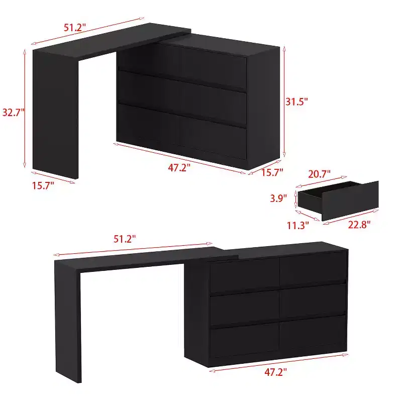 Desserte de buffet intelligente rotative/extensible avec 6 tiroirs, plan de travail étendu, tapis antidérapant, table à manger rotative, îlot de cuisine/garde-manger