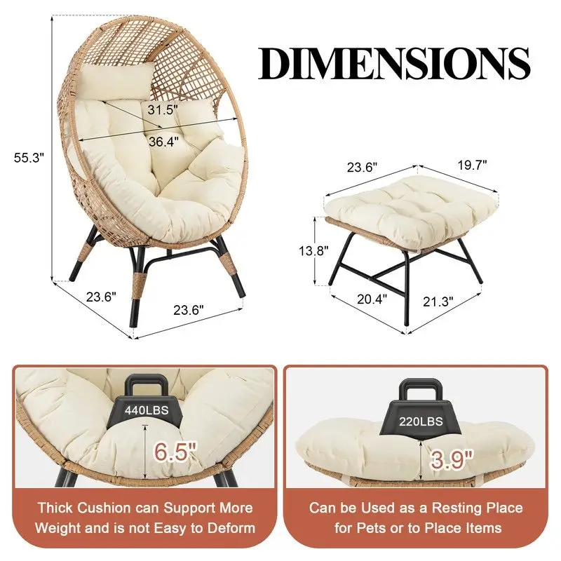 FINCATI Fauteuil Œuf d'intérieur, Fauteuil Œuf d'extérieur 200 kg, Fauteuil Œuf surdimensionné avec pouf, Fauteuil Œuf de luxe confortable avec repose-pieds