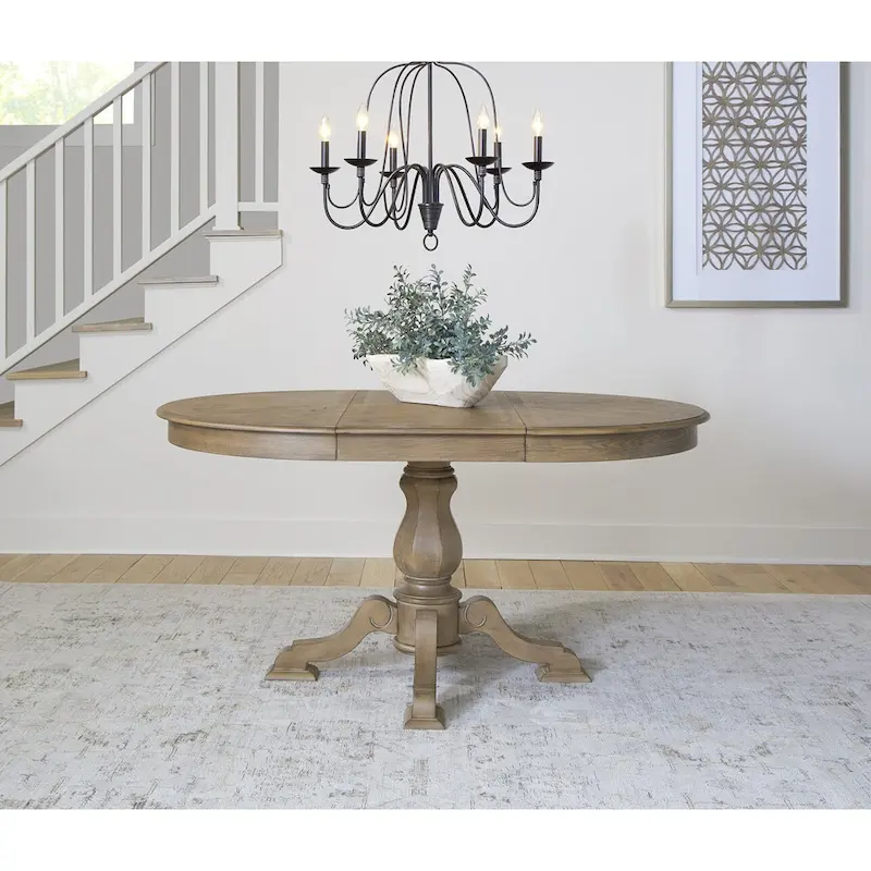 Table à dîner ronde sur pied Magnolia Manor avec rallonges escamotables - 2 finitions