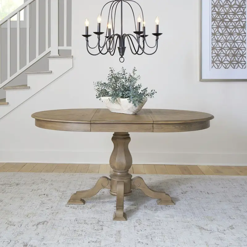 Table à dîner ronde sur pied Magnolia Manor avec rallonges escamotables - 2 finitions