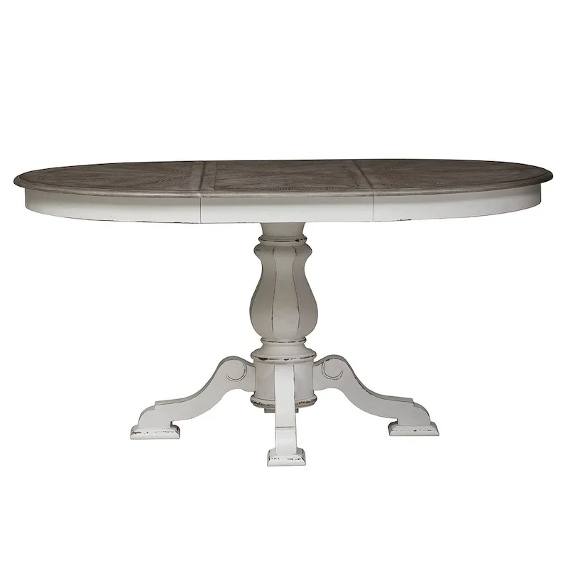 Table à dîner ronde sur pied Magnolia Manor avec rallonges escamotables - 2 finitions
