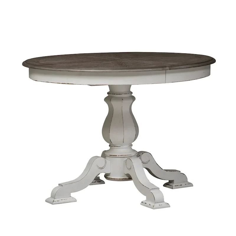 Table à dîner ronde sur pied Magnolia Manor avec rallonges escamotables - 2 finitions