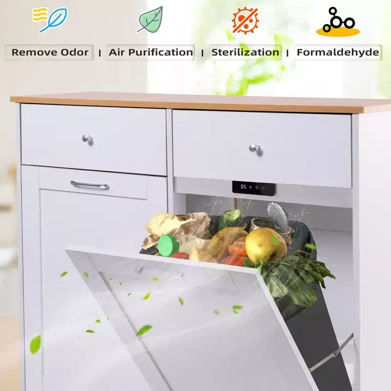 Meuble de cuisine EROMMY à double inclinaison avec 2 tiroirs, meuble poubelle avec rangement sur roulettes, blanc