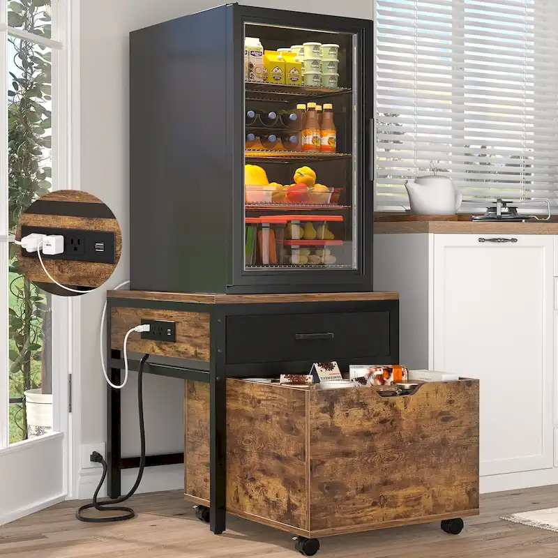 Meuble de support pour mini-réfrigérateur avec station de charge, table d'appoint avec tiroirs de rangement et meuble à roulettes
