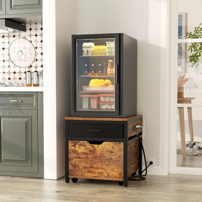 Meuble de support pour mini-réfrigérateur avec station de charge, table d'appoint avec tiroirs de rangement et meuble à roulettes