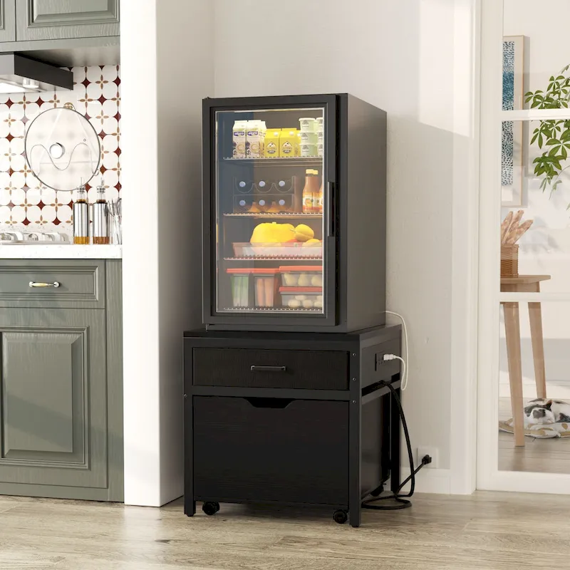Meuble de support pour mini-réfrigérateur avec station de charge, table d'appoint avec tiroirs de rangement et meuble à roulettes