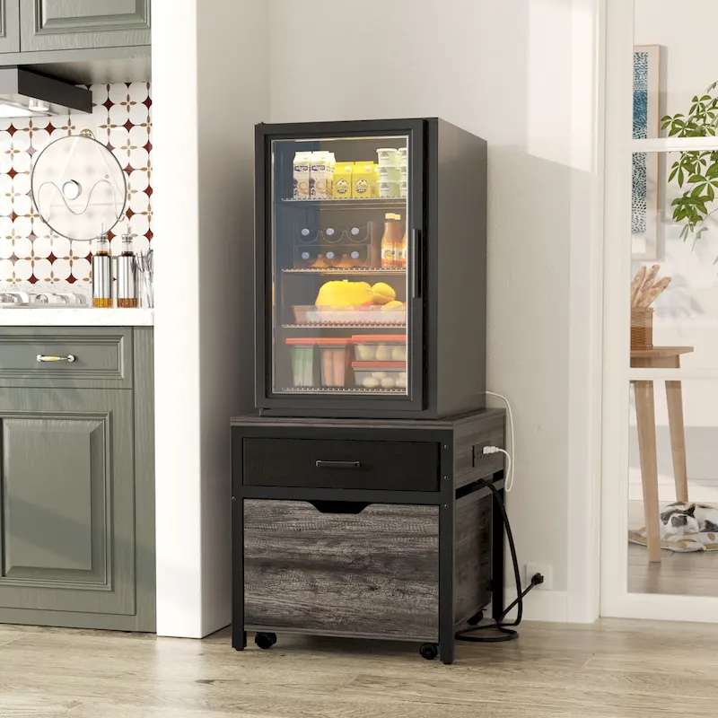 Meuble de support pour mini-réfrigérateur avec station de charge, table d'appoint avec tiroirs de rangement et meuble à roulettes