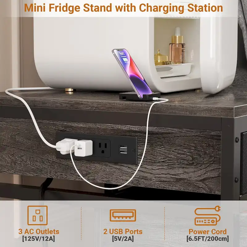 Meuble de support pour mini-réfrigérateur avec station de charge, table d'appoint avec tiroirs de rangement et meuble à roulettes