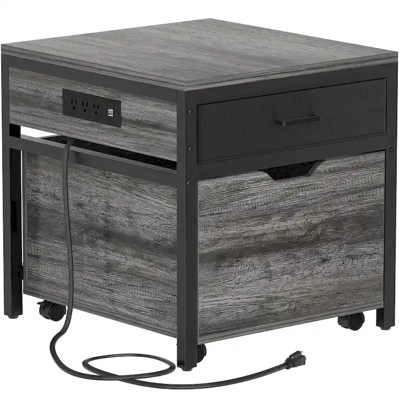 Meuble de support pour mini-réfrigérateur avec station de charge, table d'appoint avec tiroirs de rangement et meuble à roulettes