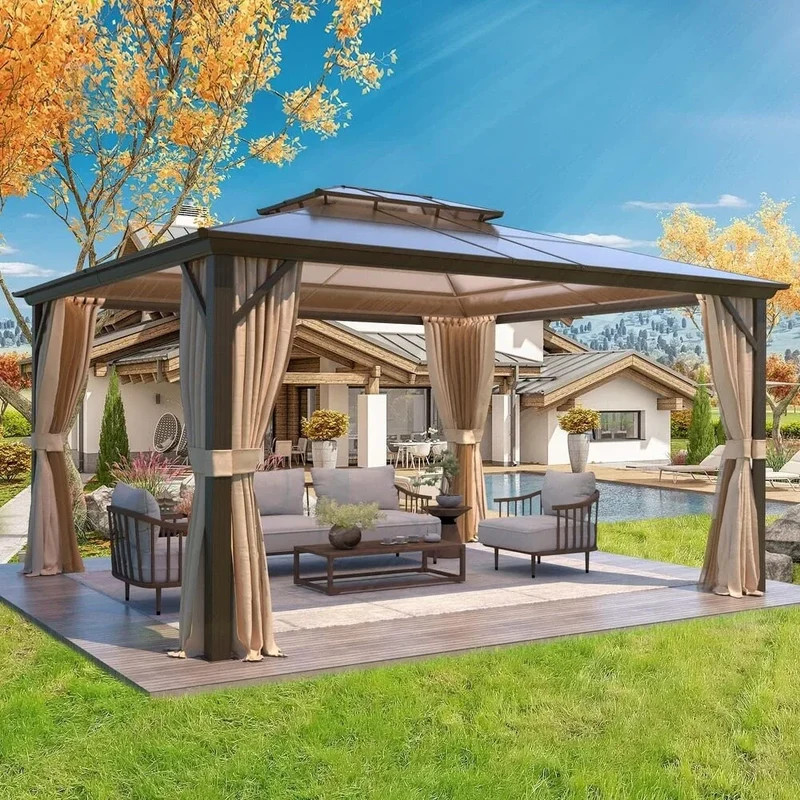 Tonnelle EROMMY à toit rigide, pergola extérieure avec double toit, moustiquaire et rideaux, auvent robuste pour patio, jardin, fête au bord de la piscine