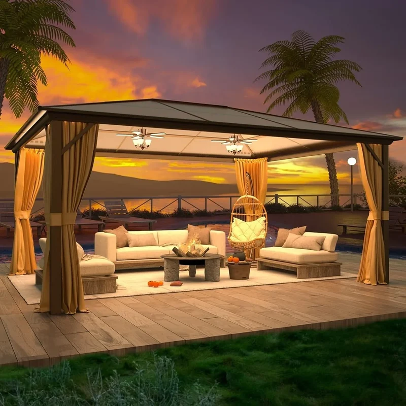 Tonnelle EROMMY à toit rigide, pergola extérieure avec double toit, moustiquaire et rideaux, auvent robuste pour patio, jardin, fête au bord de la piscine