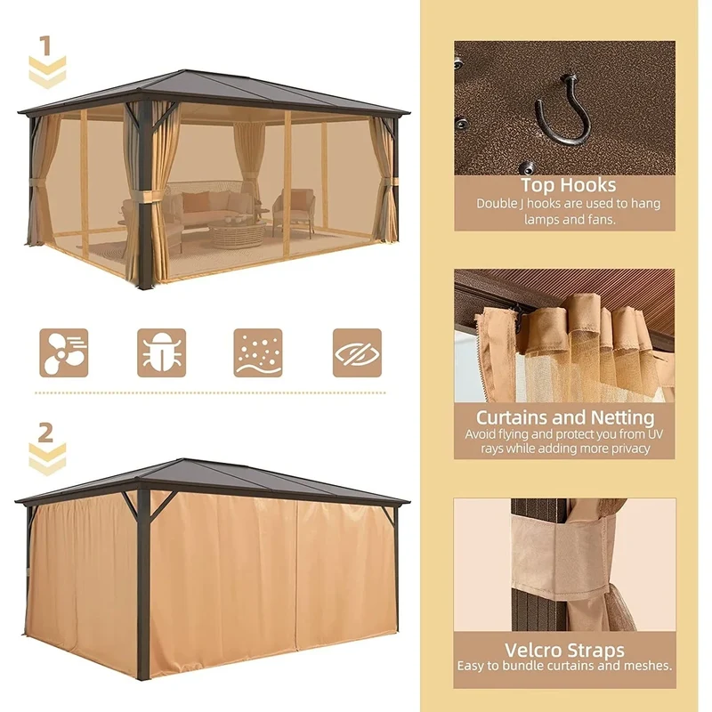 Tonnelle EROMMY à toit rigide, pergola extérieure avec double toit, moustiquaire et rideaux, auvent robuste pour patio, jardin, fête au bord de la piscine