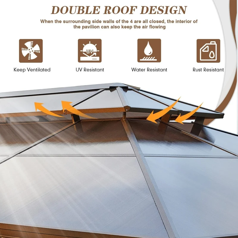 Tonnelle EROMMY à toit rigide, pergola extérieure avec double toit, moustiquaire et rideaux, auvent robuste pour patio, jardin, fête au bord de la piscine