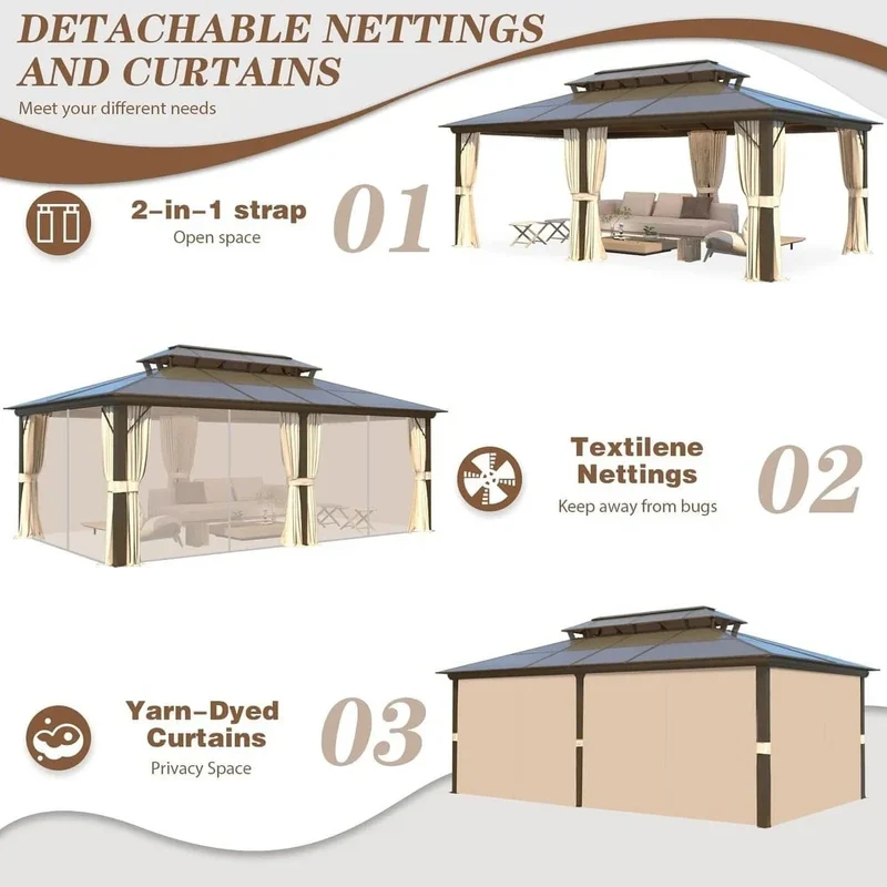 Tonnelle EROMMY à toit rigide, pergola extérieure avec double toit, moustiquaire et rideaux, auvent robuste pour patio, jardin, fête au bord de la piscine
