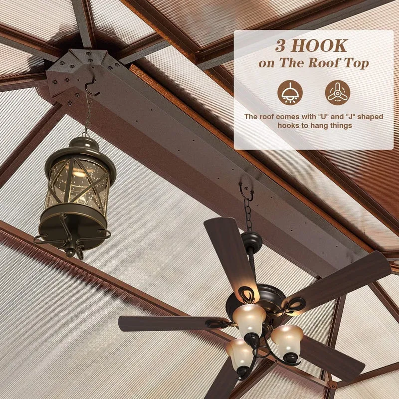 Tonnelle EROMMY à toit rigide, pergola extérieure avec double toit, moustiquaire et rideaux, auvent robuste pour patio, jardin, fête au bord de la piscine