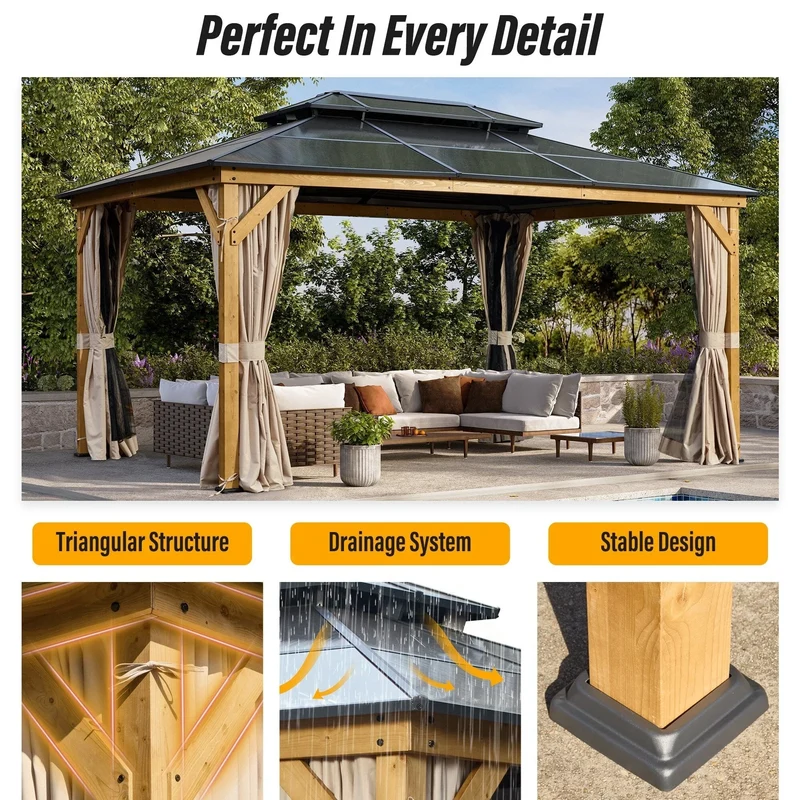Tonnelle EROMMY à toit rigide, pergola extérieure avec double toit, moustiquaire et rideaux, auvent robuste pour patio, jardin, fête au bord de la piscine