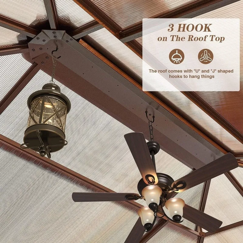 Tonnelle EROMMY à toit rigide, pergola extérieure avec double toit, moustiquaire et rideaux, auvent robuste pour patio, jardin, fête au bord de la piscine