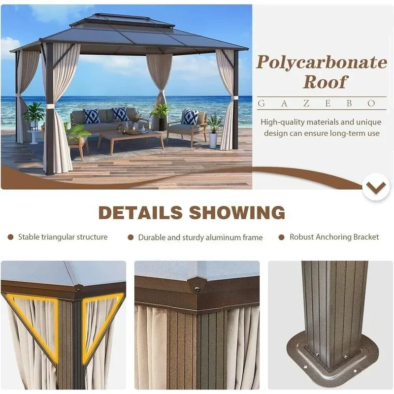 Tonnelle EROMMY à toit rigide, pergola extérieure avec double toit, moustiquaire et rideaux, auvent robuste pour patio, jardin, fête au bord de la piscine