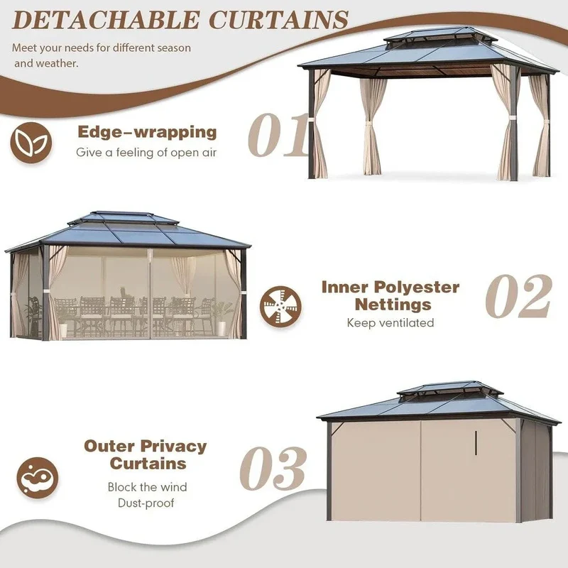 Tonnelle EROMMY à toit rigide, pergola extérieure avec double toit, moustiquaire et rideaux, auvent robuste pour patio, jardin, fête au bord de la piscine