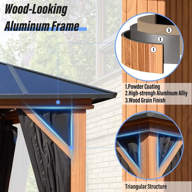 Tonnelle EROMMY à toit rigide, pergola extérieure avec double toit, moustiquaire et rideaux, auvent robuste pour patio, jardin, fête au bord de la piscine