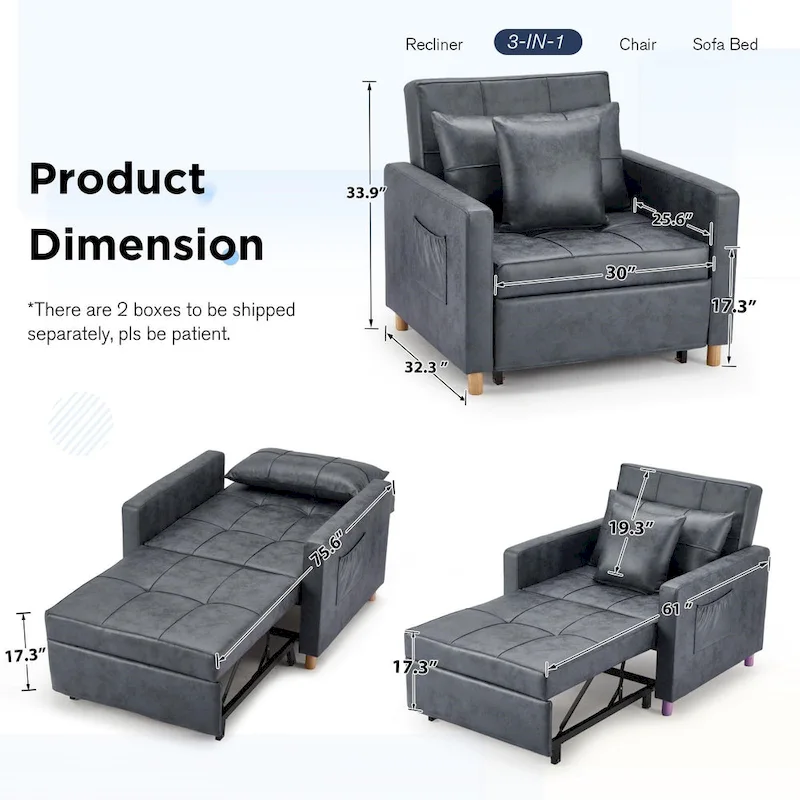 Fauteuil convertible 3-en-1, plusieurs coloris, une place