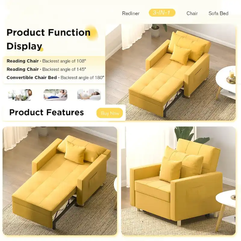 Fauteuil convertible 3-en-1, plusieurs coloris, une place