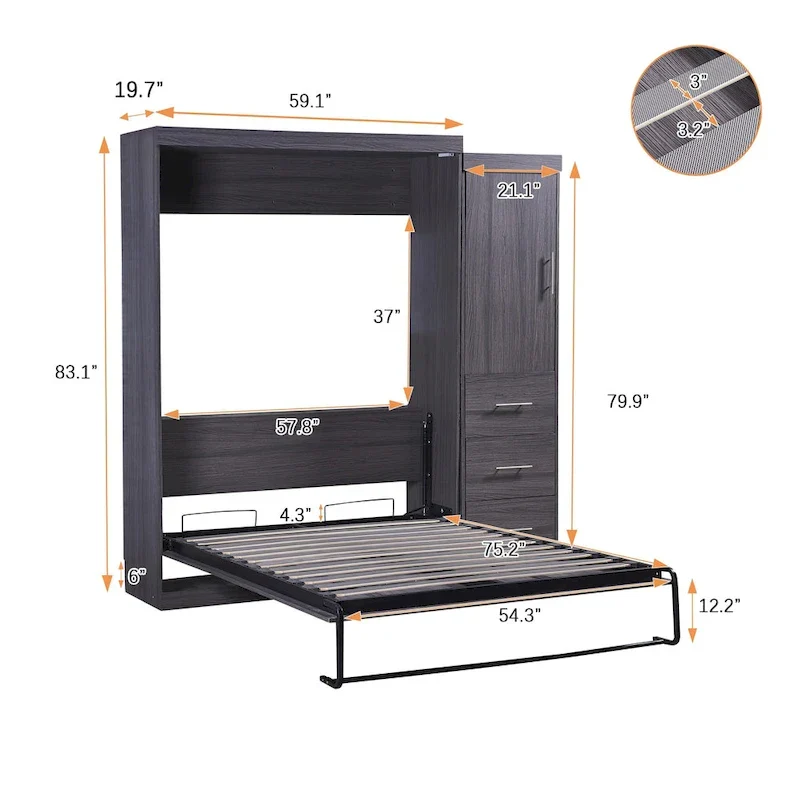 Lit escamotable gris avec armoire et 3 tiroirs, grand lit/lit simple, 1 personne
