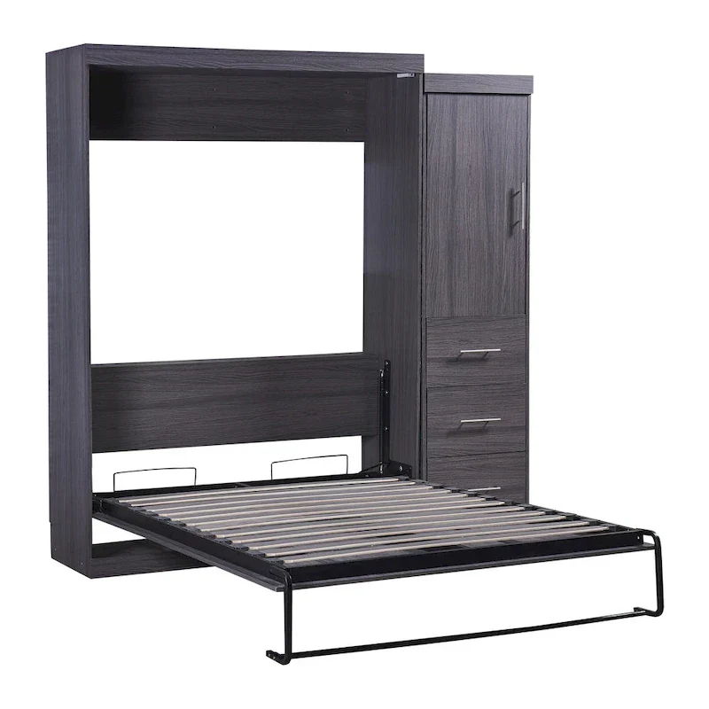 Lit escamotable gris avec armoire et 3 tiroirs, grand lit/lit simple, 1 personne