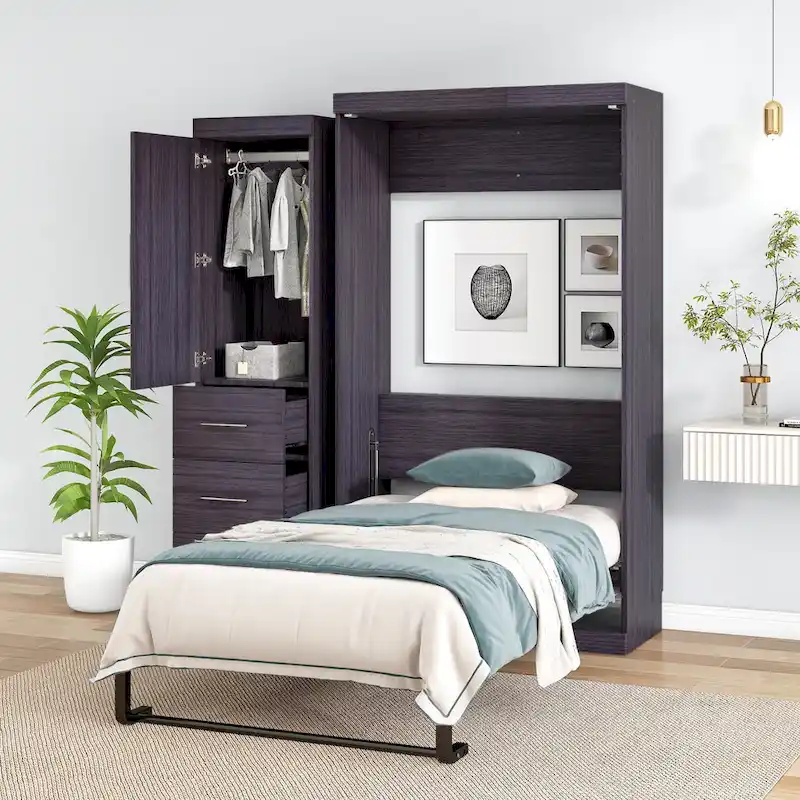 Lit escamotable gris avec armoire et 3 tiroirs, grand lit/lit simple, 1 personne