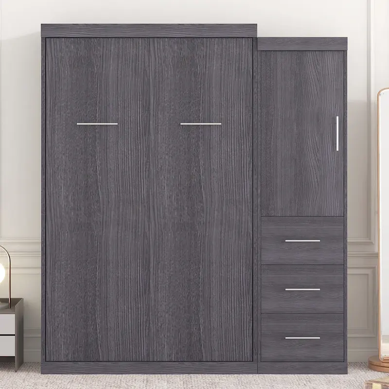 Lit escamotable gris avec armoire et 3 tiroirs, grand lit/lit simple, 1 personne