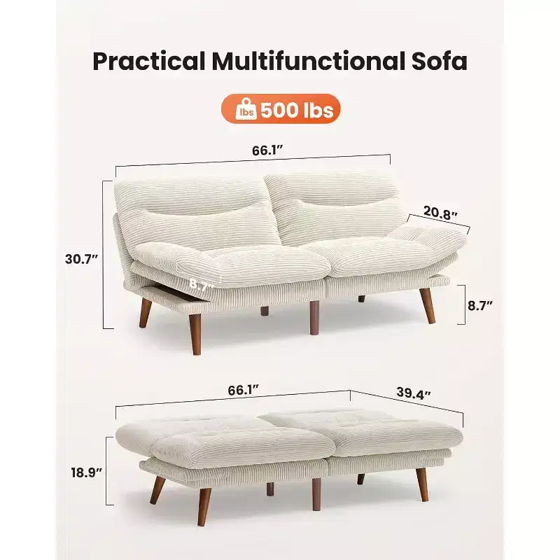 Canapé-lit 168 cm en velours côtelé, avec dossier et accoudoirs réglables, idéal pour les petits espaces, les salons ou les bureaux comme futon.