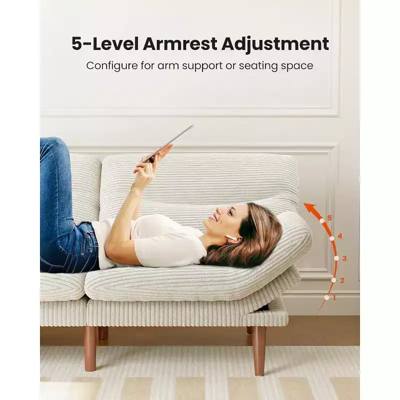 Canapé-lit 168 cm en velours côtelé, avec dossier et accoudoirs réglables, idéal pour les petits espaces, les salons ou les bureaux comme futon.