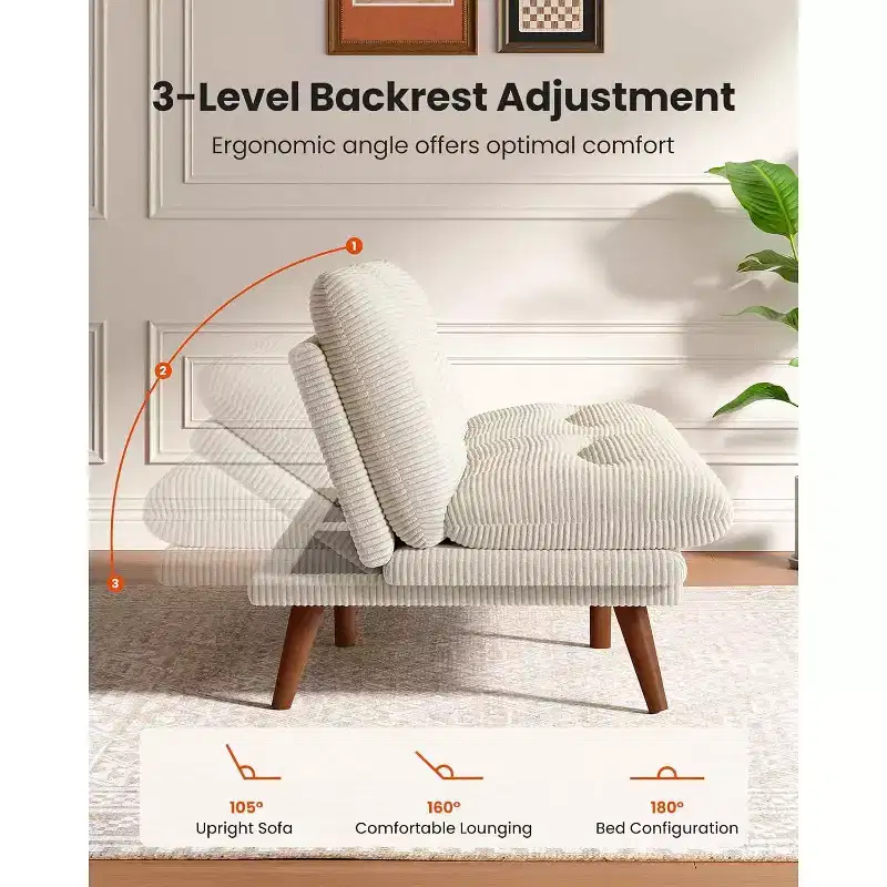 Canapé-lit 168 cm en velours côtelé, avec dossier et accoudoirs réglables, idéal pour les petits espaces, les salons ou les bureaux comme futon.