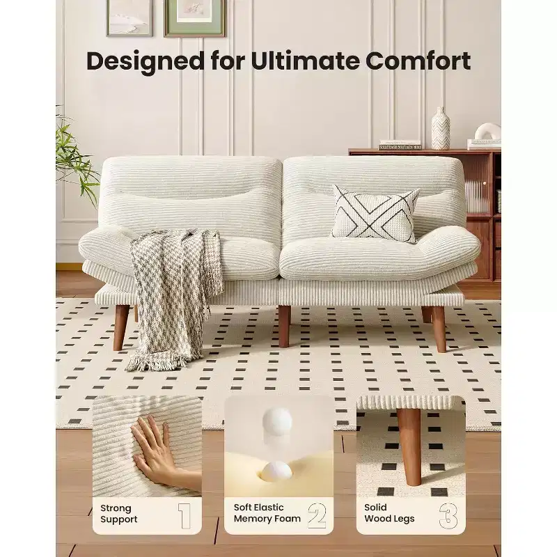 Canapé-lit 168 cm en velours côtelé, avec dossier et accoudoirs réglables, idéal pour les petits espaces, les salons ou les bureaux comme futon.